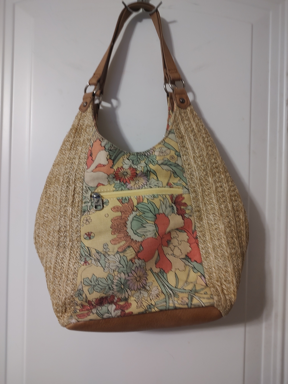 Sakroots Floral Straw Hobo Bag with Tan Leather Straps
